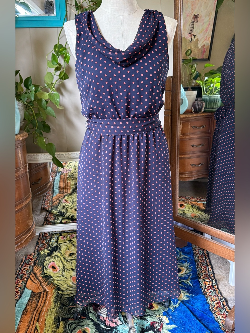 Dressbarn Navy And Coral Polkadot Midi Dress Tie Waist Cowl Neck, Size 12